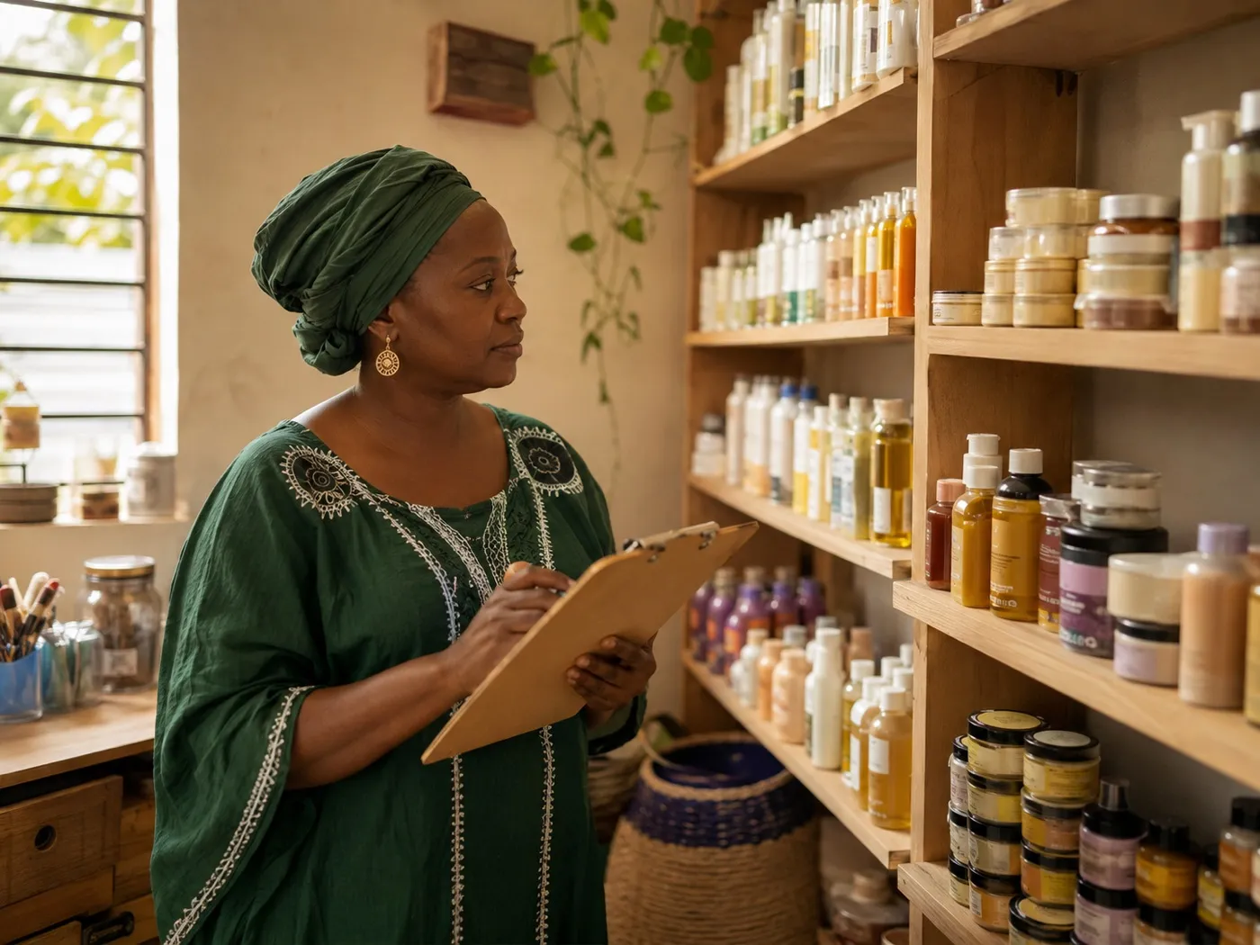 A beauty shop owner counting products on organized shelves