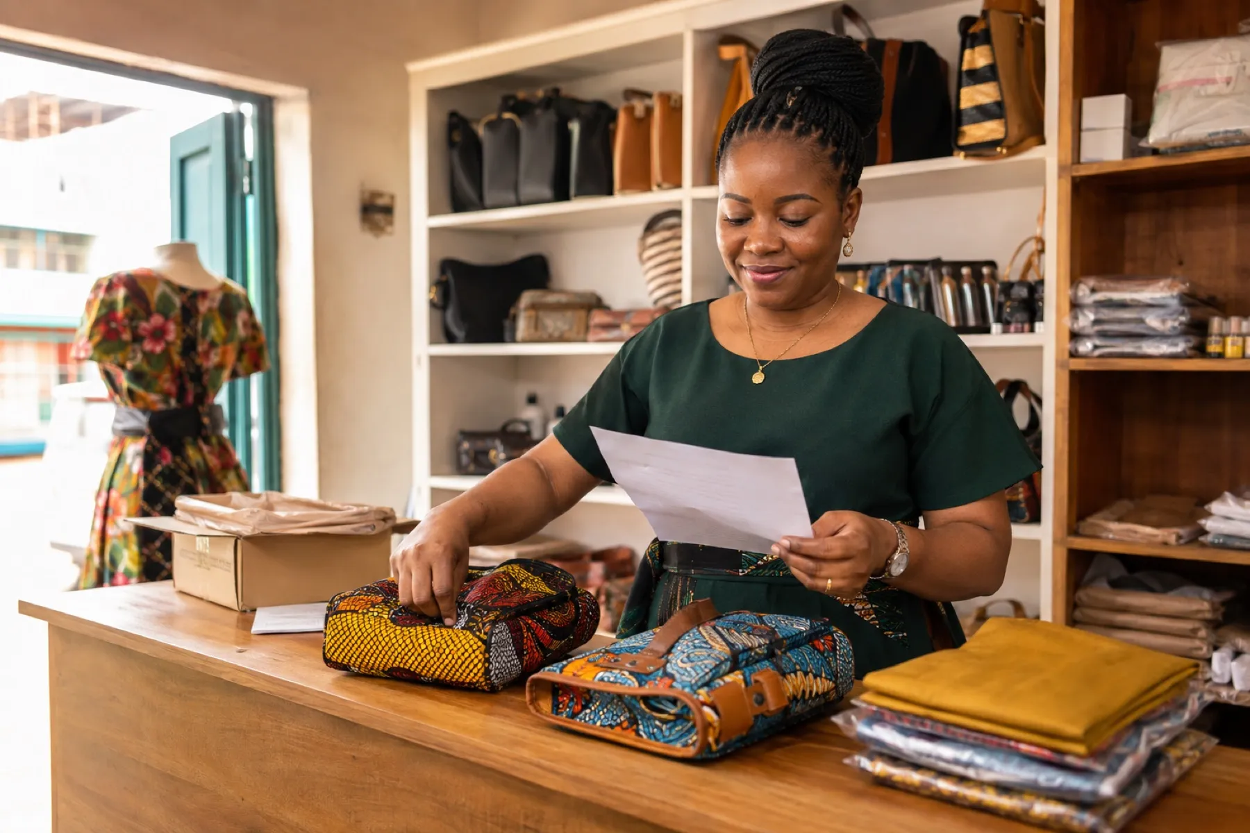 A fashion shop owner organizing customer orders and locally made products at her counter