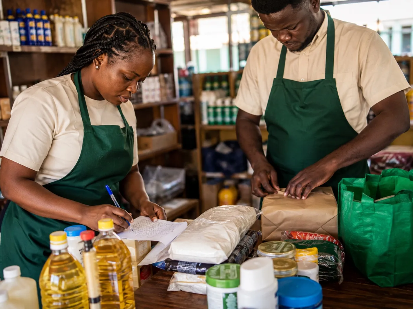 Two shop staff checking an order list and packing customer goods for fulfillment
